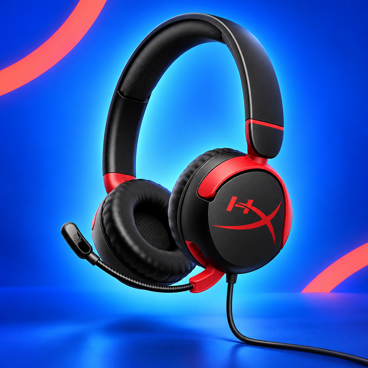 Ilustração gerada por IA de HyperX Cloud Mini com fio preto e vermelho