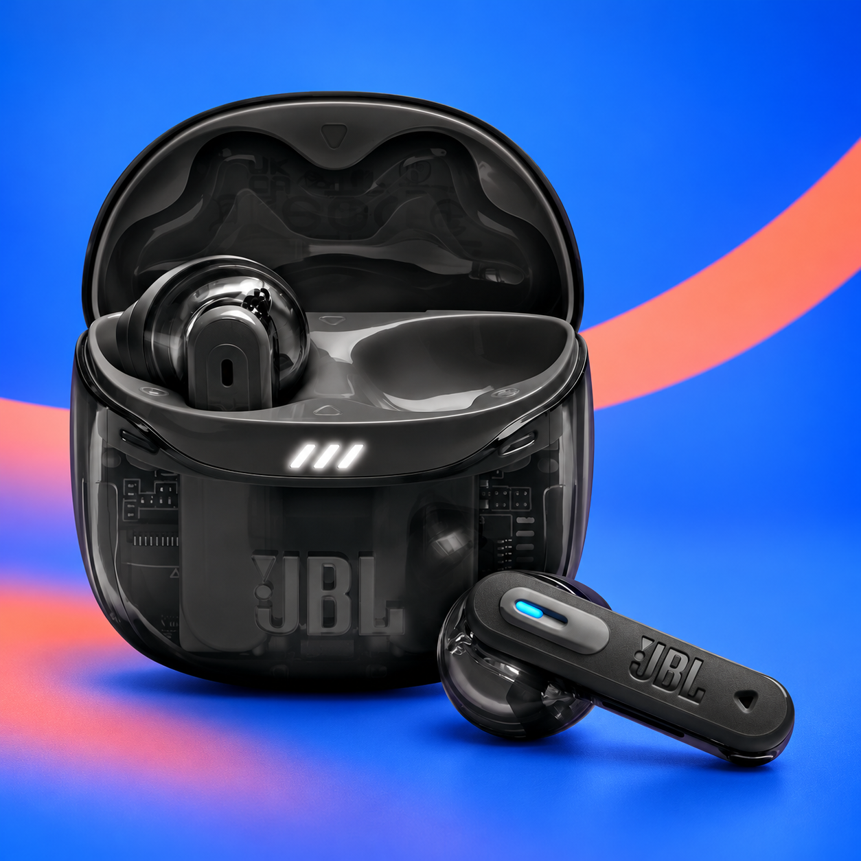 Ilustração gerada por IA de JBL Tune Flex 2 Ghost Edition preto translúcido