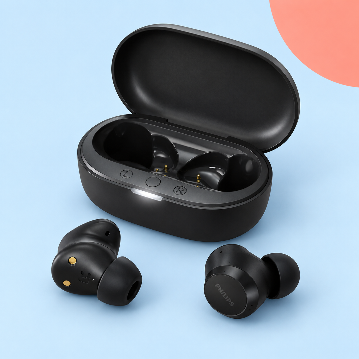 Ilustração gerada por IA de Philips TAT1209BK/00 preto com dois fones sem haste e estojo aberto